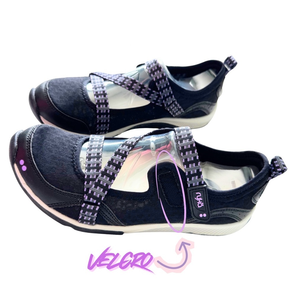 New Ryka Mary Jane Walking Shoes, Size 8, Black Purple Criss Cross Straps - Picture 9 of 11